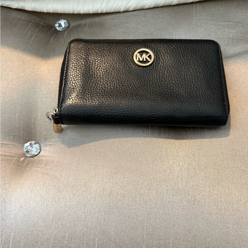 Michael Kors Black Leather Zip-Around Wallet with Gold Logo